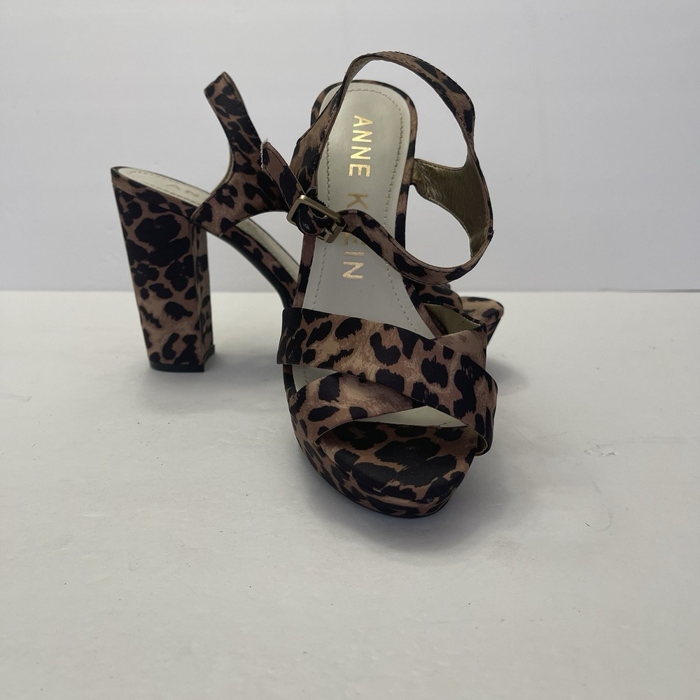 Anne Klein Lalima 2 Leopard Fabric Buckle Platform Sandals Heel Strappy‎  Sz 6.5